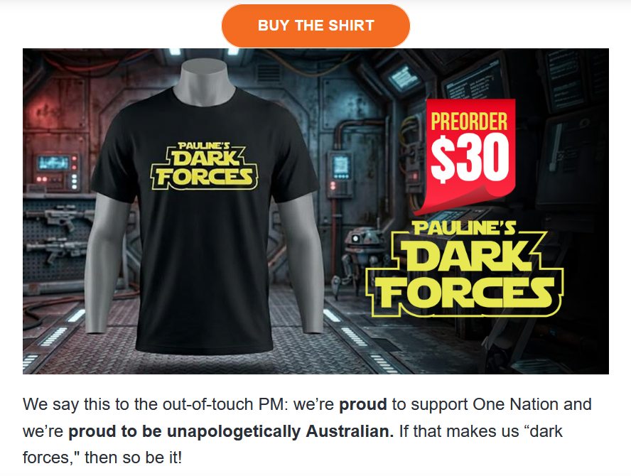 This is ... actually hilarious.

Anthony Albanese accused One Nation voters of giving into 'dark forces'.

So Pauline Hanson released 'Dark Forces' merch.

shop.onenation.org.au/products/pauli…