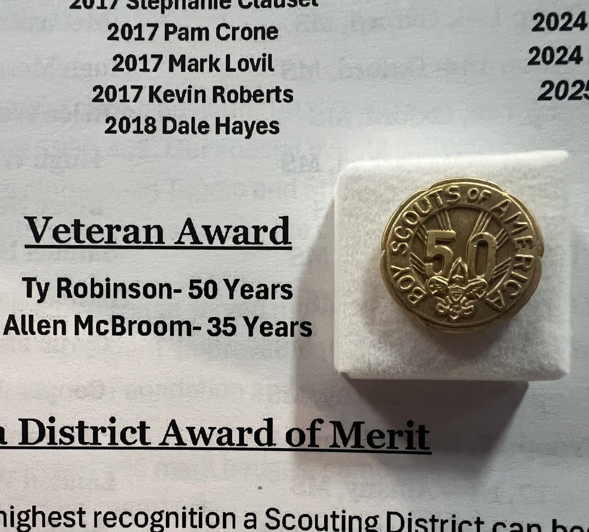 tyrobinson's tweet photo. I was presented the Veterans Award for 50 years with the Boy Scouts of America at the Natchez Trace Council Scouting Honors Dinner. https://t.co/VcE6EYA63L