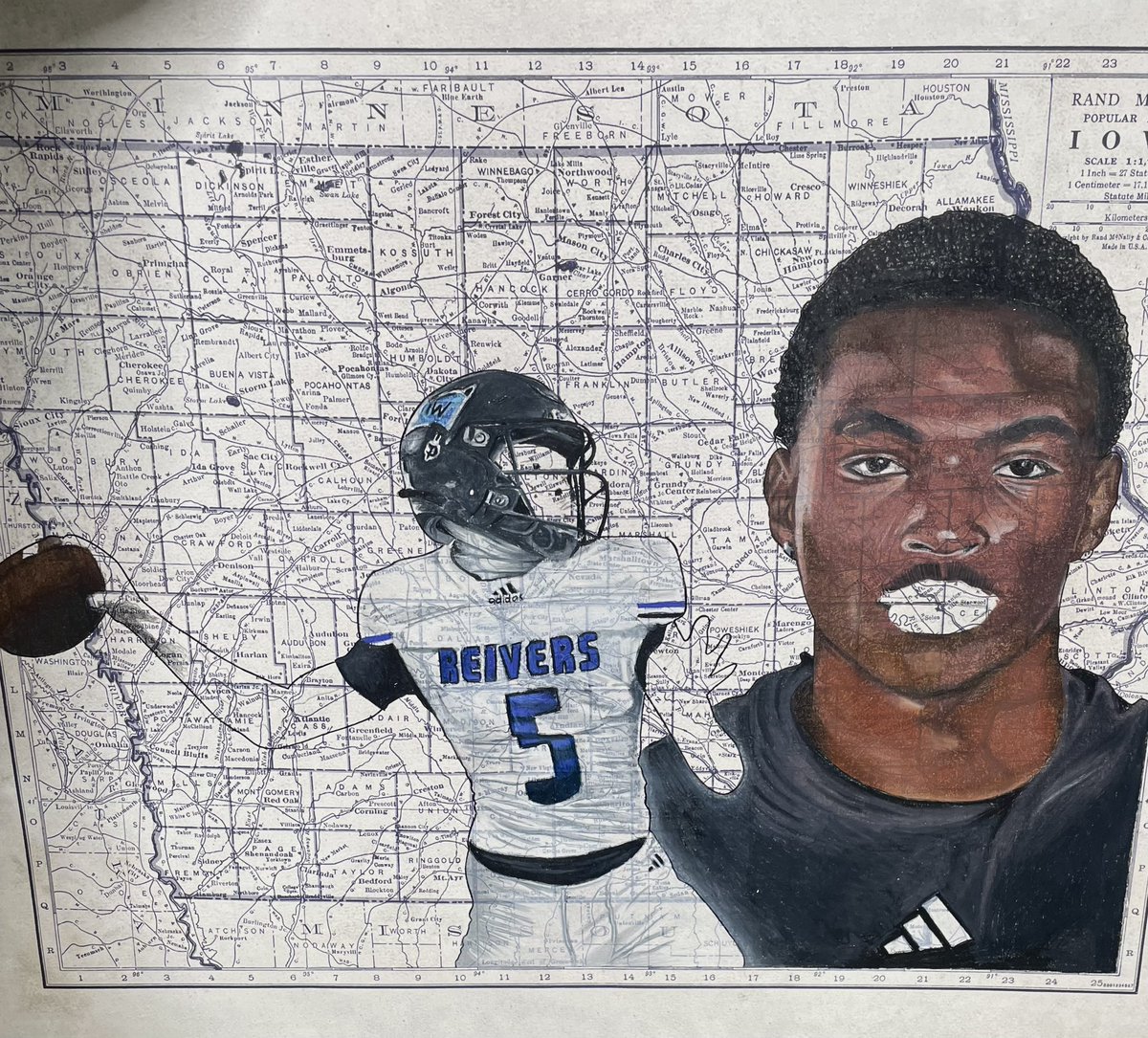 MattMadeAThing's tweet photo. I haven’t done any map art in over a year. I had a special request to do a piece for new FSU qb @Ma1achiMarshall to commemorate his time with @GoReivers where he led them to the National Championship! This is obviously an in progress pic, I’m chipping away at it slowly! https://t.co/oovMjF6Zrp