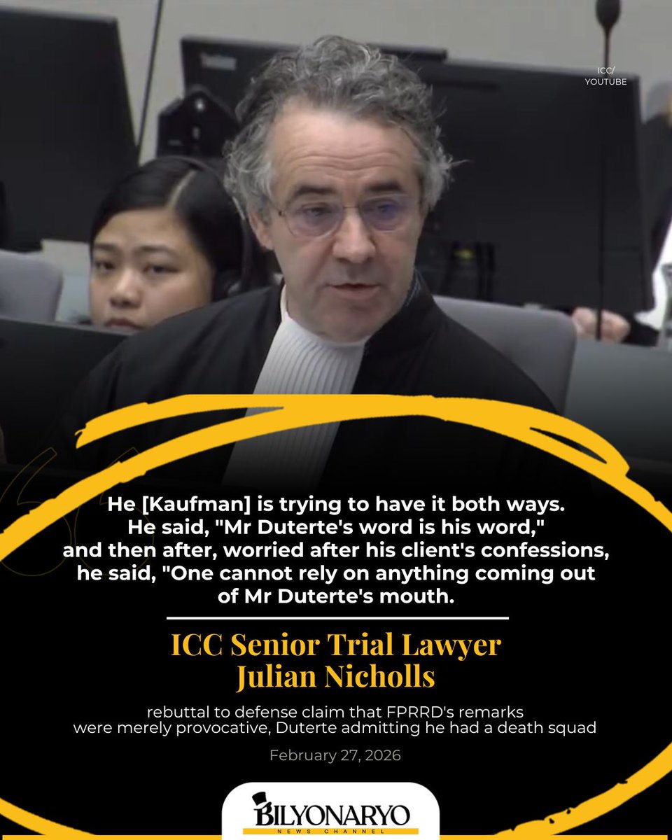 <a href="/jesusfalcis/">Jesus Falcis 🇵🇭</a> ICC PROSECUTOR SLAMS DUTERTE LAWYER’S CONTRADICTING STATEMENT ICC senior trial lawyer Julian Nicholls, challenged defense counsel Nicholas Kaufman for contradicting himself during the closing of the confirmation hearing for former president Rodrigo Duterte.