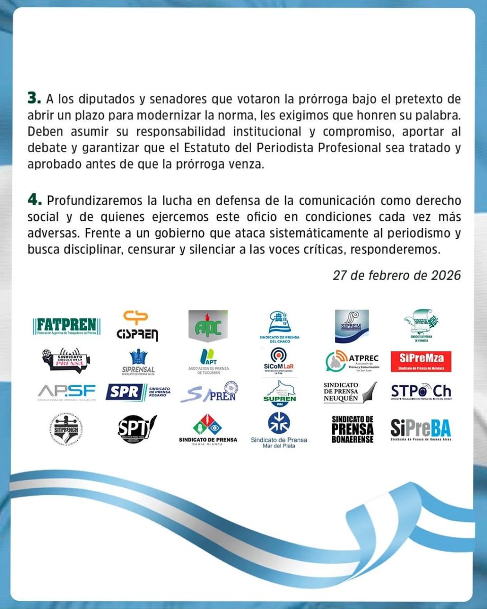 LA LUCHA CONTINÚA, POR EL ESTATUTO Y TODOS LOS DERECHOS

Ante la sanción de la Reforma Laboral, que rechazamos en las calles, el Congreso y los medios, seguimos con acciones en la Justicia y donde se juegue nuestro futuro

📢Comunicado de los sindicatos de prensa y <a href="/PrensaFATPREN/">FATPREN</a>