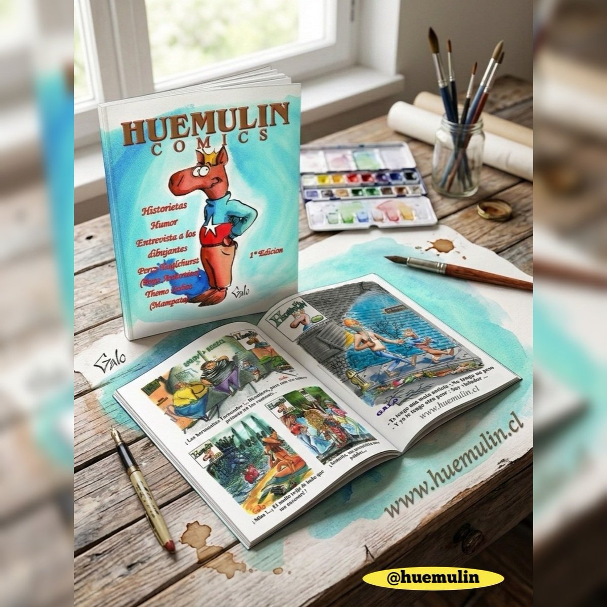 selloFrom the studio to the world: The essence of Huemulín Comics. 🎨
Como artista, siempre he creído que la magia reside en el proceso. Esta imagen captura el alma de mi trabajo: desde la primera mancha de acuarela hasta el cómic final de 32 páginas.
Huemulín no es solo una