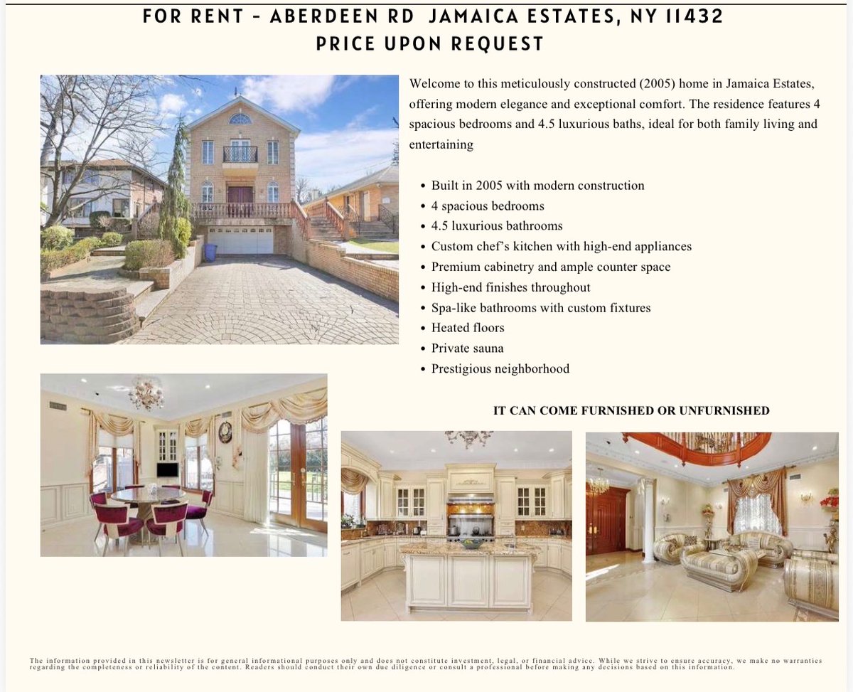 TopUNGeneral1's tweet photo. ******For Rent*******

Aberdeen Rd Jamaica Estates, NY 11432

4 Beds &amp; 5 Baths

Asking Price: Upon Request 

#LuxuryLiving
#NewListing
#DreamHome https://t.co/YNiTdtu8EY