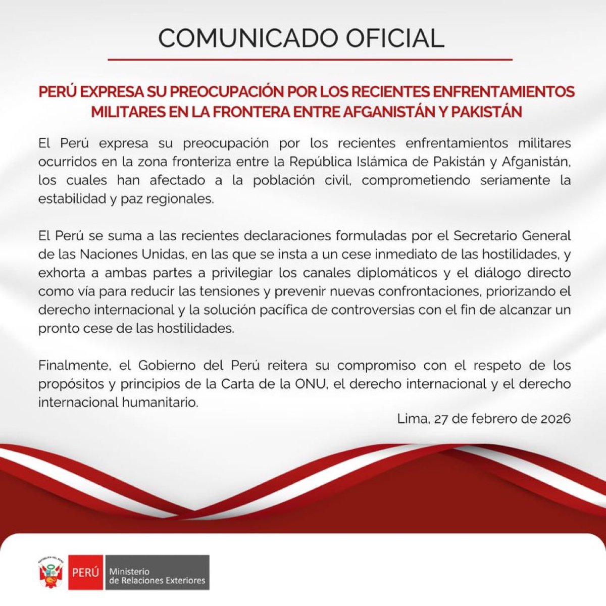🇵🇪🇵🇰🇦🇫 | GUERRA PAKISTÁN-AFGANISTÁN: Perú expresa su preocupación por los recientes enfrentamientos militares entre Afganistán y Pakistán.