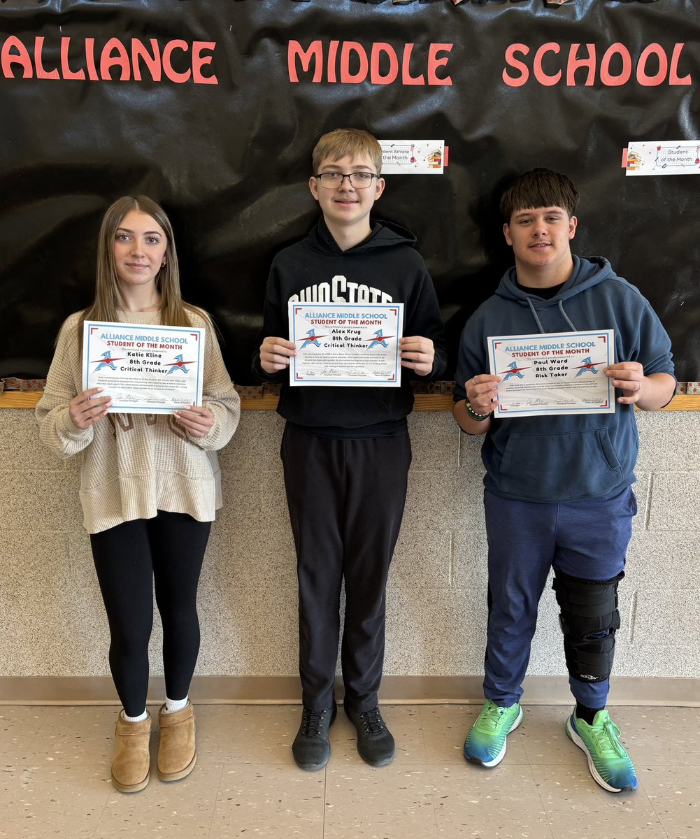 MrMosher_AMS's tweet photo. AMS 8th Grade February Students of the Month &amp; their Aviator Profile characteristic:

Katie Kline - Critical Thinker
Alex Krug - Critical Thinker
Paul Ward - Risk Taker

Congrats! Way to #RepThatA @AllianceCSD https://t.co/tgEgL5dnbw