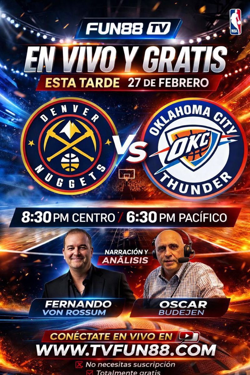 OscarBudejen's tweet photo. VIERNES DE #NBA 🏀 EN VIVO‼️
NUGGETS 🆚 THUNDERS
🎙️ @fvonrossum @OscarBudejen
🕘 🇲🇽 21:30 📍 #PaycomCenter | OKC, OK
SINTONIZA👇
💻📱 https://t.co/zp1mMSU0fQ
#Nuggets: Murray, Braun, Strawther, Johnson, Jokic
#Thunders Gilgeous-Alexander, Wallace, Dort, Holmgren, Hartenstein
#FUN88TV
💸🏀Te regalamos $88 pesos solo por registrarte hoy.
=> https://t.co/XMmchAZm9K…