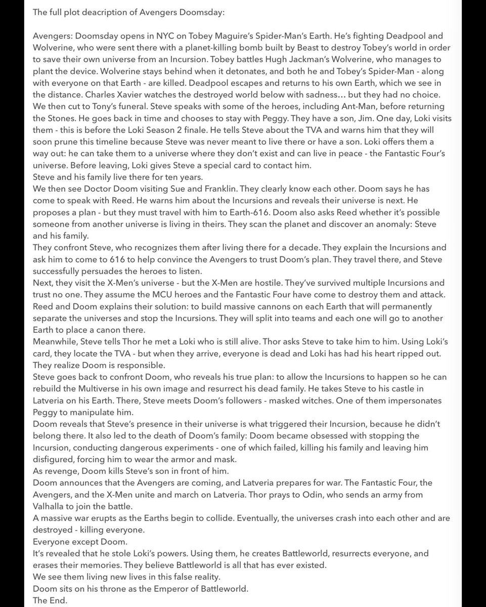 DavidPe03894390's tweet photo. Predicting which plot points of this Doomsday leak are true or false: (leak provided from @Majestic_ucm)

TRUE:
- Spidey vs Wolverine
- Avengers, X-Men, FF, and MORE characters vs Doom
- Loki's heart ripped out by Doom
- Avengers vs X-Men 
- Steve, Thor, &amp; the fall of the TVA https://t.co/VhSWmUNLzc