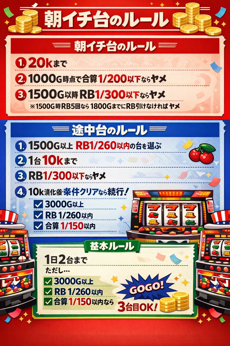 zoki19910301's tweet photo. 私のジャグラー実践ルール
機種によってRBの基準数値は若干変えます
3月はこれで行きましょう https://t.co/30hlNw72t7