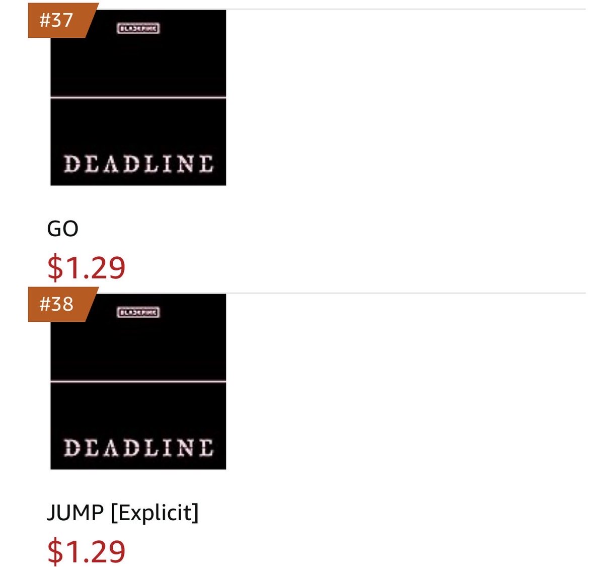 USBU4WAYS's tweet image. US Amazon Best Sellers 🇺🇸

#GO ~ #37
#JUMP ~ #38

[E]: amazon.com/music/player/a…
[C]: amazon.com/music/player/a…

Sign up to get funded by @USBUFunds: 
⇢ bit.ly/DEADLINEUSAForm

DEADLINE OUT NOW
#DEADLINEWillMakeYouGO 
#BLACKPINKDEADLINE @BLACKPINK