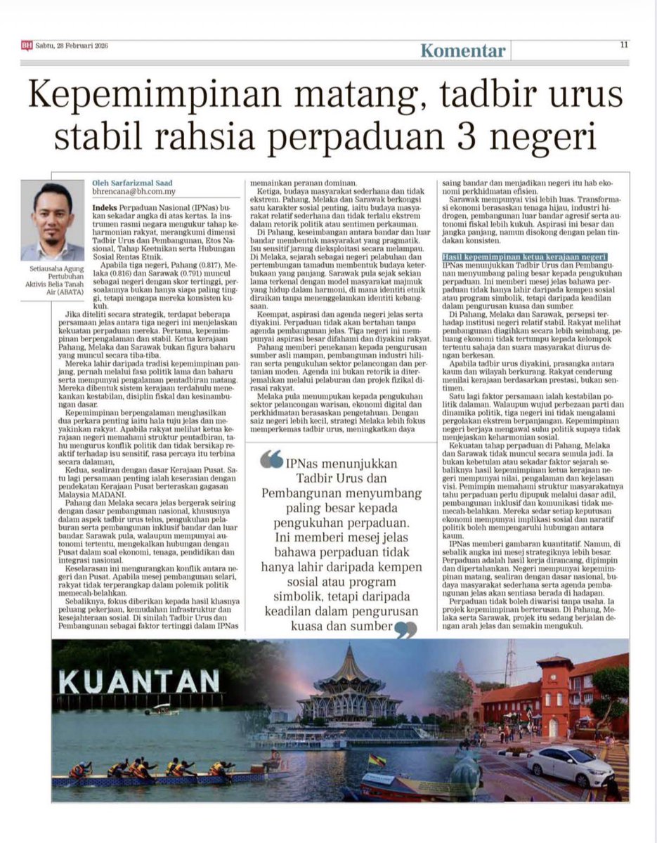 SARFAMS's tweet photo. Terima kasih @bharianmy.
Tahniah Pahang, Melaka &amp; Sarawak.

(BH muka surat 11, 28 Februari 2026/ 10 Ramadan 1447) https://t.co/s3r3c6lBce