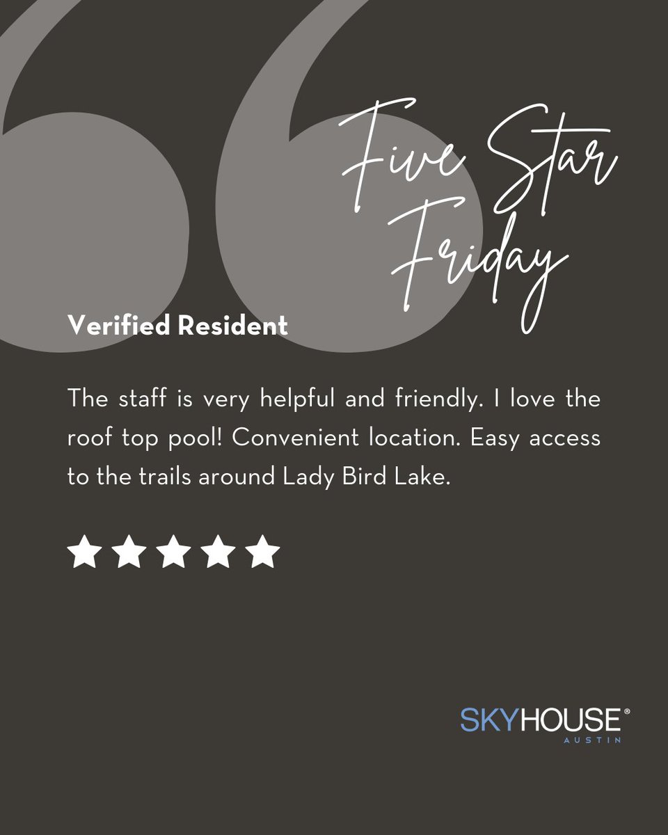 ⭐ Five Star Friday love goes out to our amazing residents at SkyHouse Austin Apartments. We appreciate you. 💕
#ApartmentLiving #communitylove #LuxuryLiving #SPGCommunity
birdeye.com/skyhouseaustin…