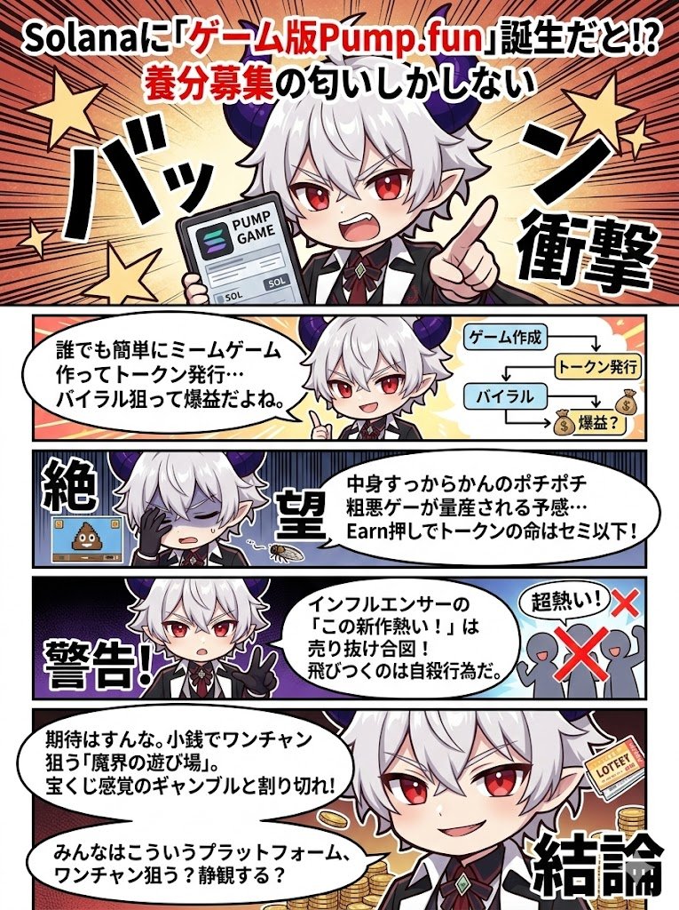 mapupresident's tweet photo. #PlayFun #Solana
「ゲーム版https://t.co/jiZgMy58sc」とかいう、養分募集の匂いしかしないプラットフォームがSolanaで始まりました。
要するに誰でも簡単にミームゲームを作ってトークンを発行し、それをバイラルさせて稼ごうぜっていうエコシステムだよね。
https://t.co/jiZgMy58scの仕組みをそのままゲームに持ち込んでいるから、中身すっからかんのポチポチゲーや素材の使い回しみたいな粗悪品が大量生産される未来しか見えないし、Earnを全面に押し出してる時点でトークンの寿命はセミより短そう。
インフルエンサーが一斉に「この新作熱い!」って煽り始めたら、それは彼らの売り抜けポイントが近いっていう合図だから、迂闊に飛びつかないのが身のため。
とはいえ、Solana特有の初期の熱狂とババ抜きに参加して、無くなってもいい小銭を投げてワンチャンを狙う魔界の遊び場としては機能するかもしれないけどね。
ガチのゲームとして期待するんじゃなくて、完全に宝くじ感覚のギャンブルだと割り切れる人だけが火傷せずに楽しめる案件だね。
みんなはこういう露骨な魔界プラットフォーム、ワンチャン狙って触ってみる派?
それとも静観する派?
