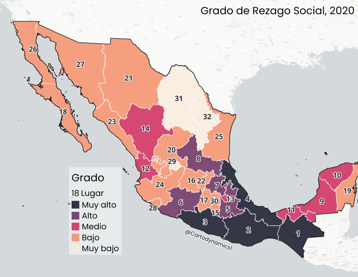 Grado de Rezago Social en México, 2020

Con datos de la Plataforma Nacional de Datos Abiertos datos.gob.mx/dataset/rezago…

#RezagoSocial #Cartografía #Datos #México