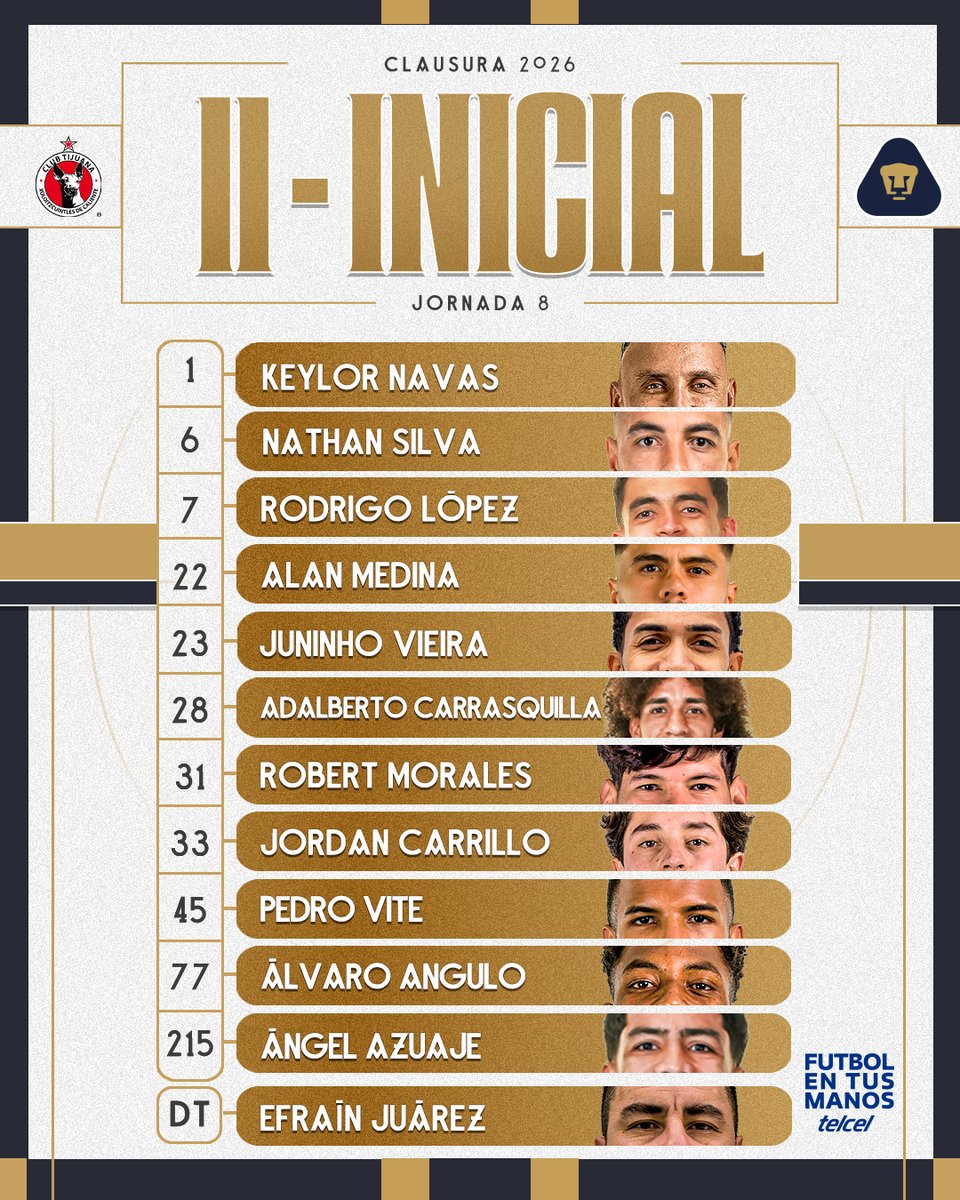 📋 El 11 inicial ante Tijuana 👊⚔️⚽️

#UnidosPorLaHistoria #FutbolEnTusManos <a href="/Telcel/">Telcel</a>