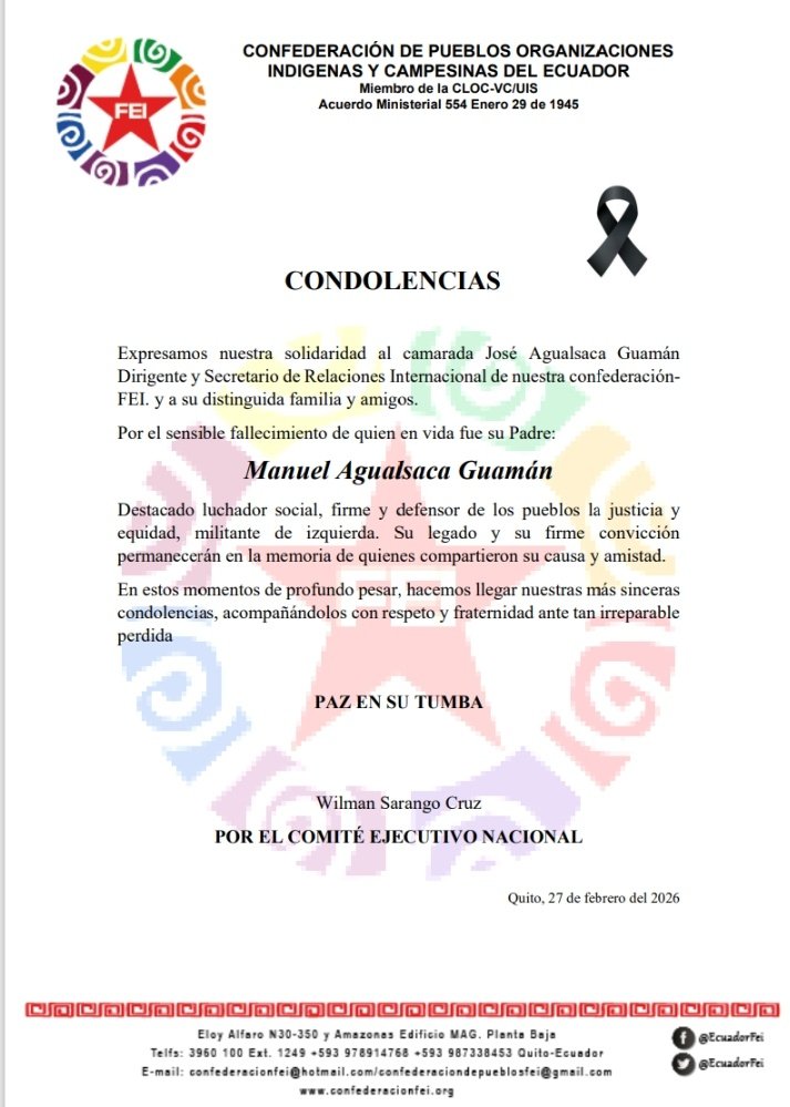 EcuadorFei's tweet photo. Condolencias a nuestro camarada @JoseAgualsacaG y su distinguida familia quien en vida fue su Padre.

#PazEnSuTumba
#Condolencias https://t.co/5FbX86QLJf