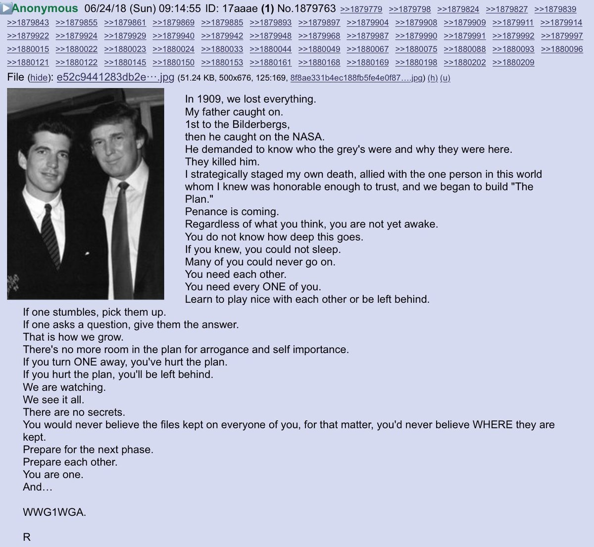 although NOT a Q drop - 7 months into the op - this post from an anon named 'R' showed up on 8chan.

still relevant for me.
for good or bad.
