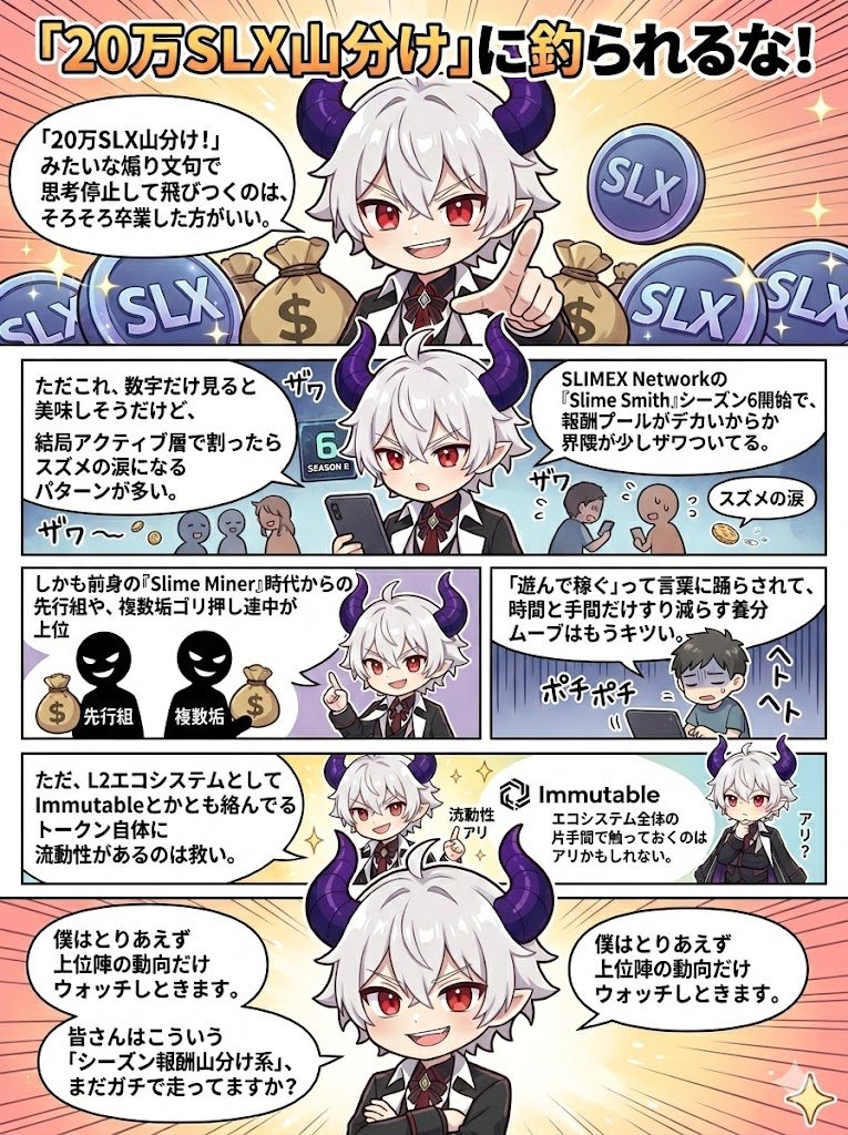 mapupresident's tweet photo. #SlimeX #BCG 

「20万SLX山分け！」みたいな煽り文句で思考停止して飛びつくのは、そろそろ卒業した方がいい。

SLIMEX Networkの『Slime Smith』シーズン6が始まって、報酬プールがデカいからか界隈が少しザワついてる。

ただこれ、数字だけ見ると美味しそうだけど、結局アクティブ層で割ったらスズメの涙になるパターンが多いんだよね。

しかも前身の『Slime Miner』時代からの先行組や、複数垢でゴリ押す連中が上位報酬を掻っ攫っていくのは目に見えてる。

「遊んで稼ぐ」って言葉に踊らされて、時間と手間だけすり減らす養分ムーブはもうキツい。

ただ、L2エコシステムとしてImmutableとかとも絡んでる背景があるから、トークン自体に流動性があるのは救いかな。

ポチポチ作業が苦にならない人や、エコシステム全体の将来性に張るつもりの人なら、片手間で触っておくのはアリかもしれない。

僕はとりあえず上位陣の動向だけウォッチしときます。 皆さんはこういう「シーズン報酬山分け系」、まだガチで走ってますか？
@Slime_Miner