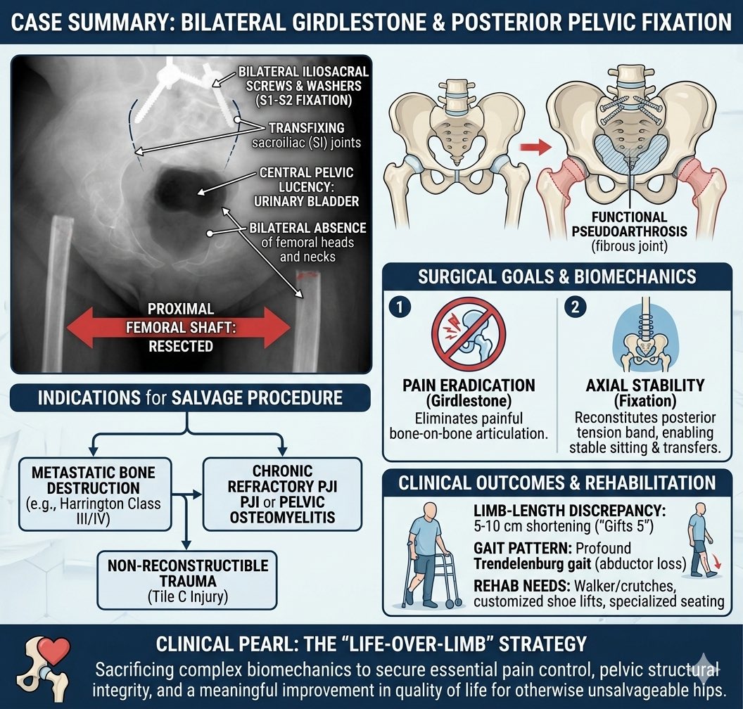 hemo_shk's tweet image. Bilateral Girdlestone Procedure with Iliosacral Fixation

#Overview
A rare, high‑risk salvage operation for patients with severe, non‑reconstructible bilateral hip and pelvic pathology (extensive osteomyelitis, refractory prosthetic joint infection, failed bilateral arthroplasty,