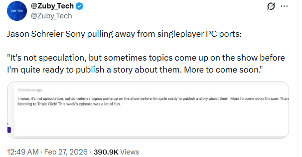 PogPog_APP's tweet photo. [Pog News🤔]
PS Single-Player Blockbusters No Longer Coming to PC? Sony May Return to Exclusivity Strategy!

According to media reports, the number of PlayStation games ported to PC in the future may significantly decrease.

Following journalist Jason Schreier's disclosure of related information, two other well-known insiders, SneakersSO and NatetheHate, have come forward to corroborate. Schreier stated on a podcast that Sony may no longer bring its major single-player titles to the PC platform. This means games like Marvel's Wolverine and future sequels in the God of War series might remain console exclusives.

However, online GAAS (Game As a Service) games remain an exception. Schreier emphasized that titles reliant on a large player base, such as Helldivers 2, will still launch on PC to ensure active user numbers and long-term operational viability. But for traditional console-exclusive single-player games, Sony may gradually reduce its porting efforts.

He added that the impact of single-player games returning to console exclusivity might be limited—sales of such titles on PC are typically far lower than on PS5. Furthermore, Sony's AAA blockbusters are not released simultaneously on PC anyway, so reducing subsequent ports may not significantly impact the overall strategy.

As the console wars heat gradually subsides, Sony currently maintains simultaneous releases with the Xbox Series X|S platform only for certain online service titles and products like MLB The Show. PlayStation's major single-player games have long maintained a PS5-exclusive strategy. If PC ports are further halted, it could theoretically strengthen the platform's appeal and stimulate console sales.
On the other hand, Microsoft has hinted that the architecture of the next-generation Xbox console might be closer to a PC. If higher levels of PC compatibility are achieved in the future, Sony games already on PC might run on the new Xbox. But if Sony reduces the PC release channels for single-player games, Xbox players without a PS5 will find it harder to access those titles.

It's worth noting that earlier this month, Sony announced the closure of Bluepoint Games. Nixxes Software, which has long been responsible for PC ports within Sony, has also primarily handled PC version development for first-party titles in recent years. Additionally, Sony halted an unofficial fan-made project with a style similar to Diablo and Bloodborne.

Overall, if the rumors are true, Sony's cross-platform strategy may see a significant contraction, and the boundaries of the PlayStation ecosystem could become clearer. Do you support Sony continuing with a platform exclusivity strategy? Do you believe exclusives define the PlayStation experience, or do you think Sony's move hurts PC gamers' feelings? Share your thoughts in the comments!

#pogpog #playstation