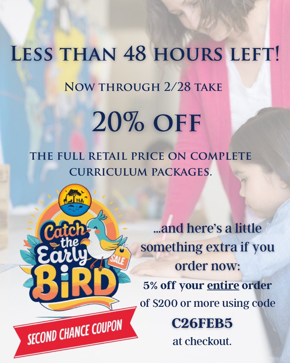 Curriculum packages from MyFather's World are STILL 20% OFF full retail price for a few more days …and here's a little something extra if you order now:

Take an additional5% off your entire order of $200 or more using coupon C26FEB5 at checkout.

Offers end 2/28.