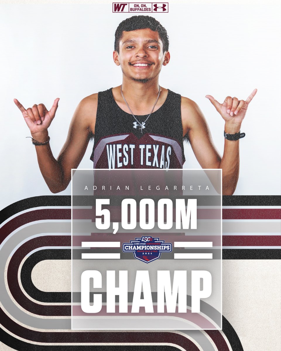 WTAMU_XCTF's tweet photo. Adrian Legarreta Dominates the 5K

The Friona, Texas product runs a time of 14:12.84 to win the Lone Star Conference Men's 5,000m Indoor Crown

#BuffNation | #WESTisBEST https://t.co/NVQigvrplA