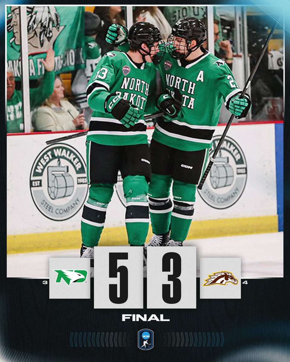 NCAAIceHockey's tweet photo. NODAK FOR THE WIN 🚨

No. 3 @UNDmhockey gets the win over No. 4 Western Michigan, 5-3! 

#NCAAHockey https://t.co/rKCvOdXy18