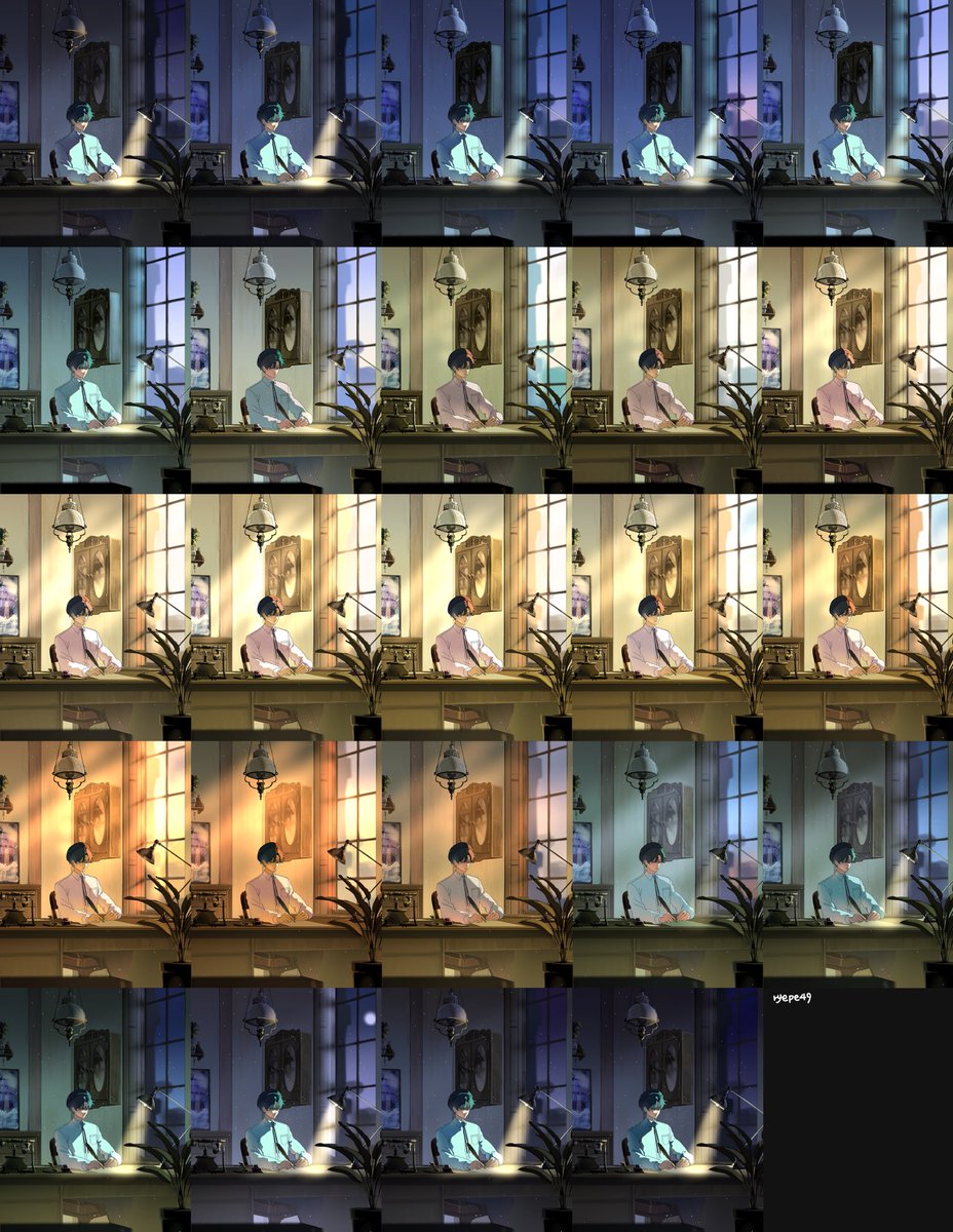 이런느낌입니다. 
하루 24시간으로 한시간마다 변화하는 색감으로 색감설정 및 라이팅을 해봤고,
색감에 있어서 제 주관적인 느낌과 자연광과 인공광을 섞어서 썼다는 점 유의해서 봐주세요. 

추가로 계절의 따라 기후에 따라 시간대의 느낌이 유동적인 점 양해부탁드립니다.