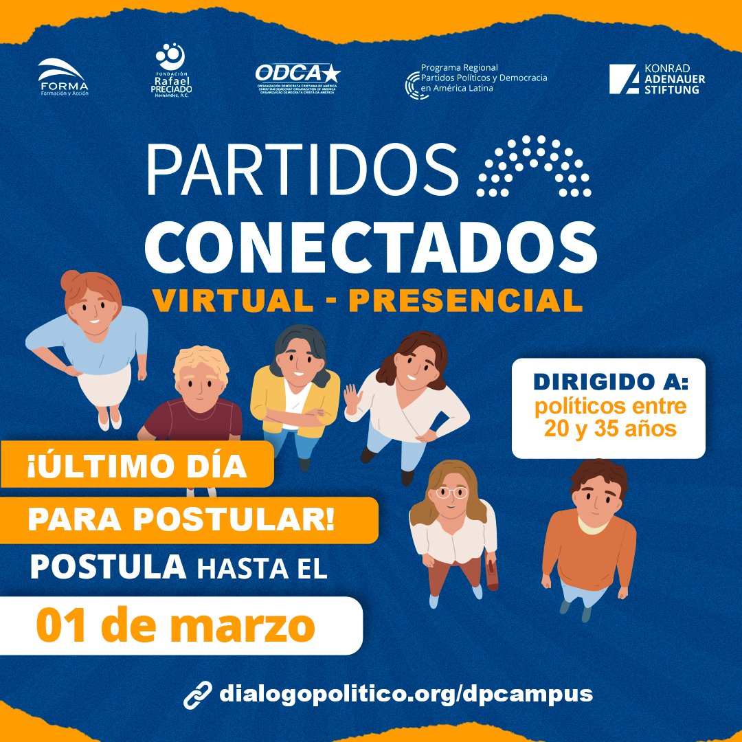 KASPartidos's tweet photo. ‼️ Último día para postular — 01 de marzo
Si tienes entre 20 y 35 años y formas parte de un partido cercano a la KAS en América Latina, esta es tu oportunidad.
🌎 Diplomado Internacional #PartidosConectados: formación política, geopolítica y comunicación para fortalecer la democracia.
⚠️ Requiere carta de recomendación.
🔗 https://t.co/tmIFjzeAmr