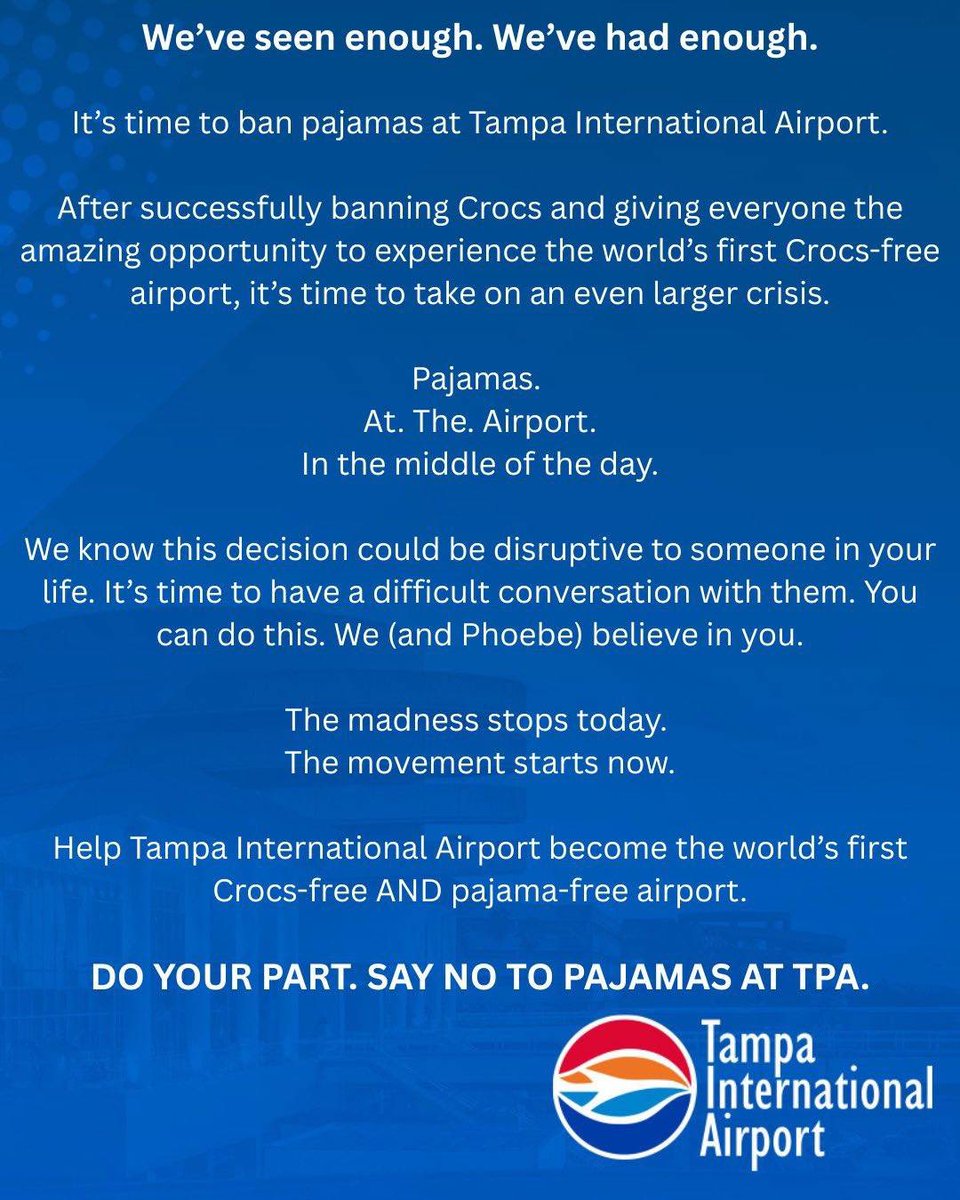 พี่ชอบ <a href="/FlyTPA/">Tampa International Airport ✈️</a> มากเลยนะ โพสต์ล้อเล่นแบนพจาม่าที่ TPA นี่สร้างสรรค์สุด ๆ ภาษาแบบ ‘We’ve had enough’ แล้วปิดด้วย ‘We (and Phoebe) believe in you’ 5555 ทำให้คนทั้งโลกหัวเราะ + เถียงกันสนุกเลย 👏✨ สนามบินไทยถ้าทำแบบนี้บ้างคงปังมาก! ขอชื่นชมดัง ๆ ไปเลยครับ 🇹🇭❤️🇺🇸 #FlyTPA