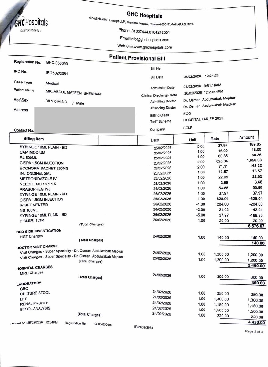 AMateenShekhani's tweet photo. Requesting @TMCaTweetAway @ThaneCityPolice @mieknathshinde to look into an alleged coercive practice at GHC Hospital, Mumbra. I was compelled to purchase medicines &amp; conduct lab tests only through their in-house facilities. Bill ~₹17,836. Kindly investigate
#PatientRights #Thane https://t.co/gGerZDw9kG