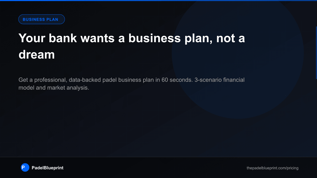 PadelBlueprint's tweet photo. Your bank wants a business plan, not a dream.

Get a data-backed padel business plan in 60 seconds. 3-scenario financial model, city-specific analysis, full CAPEX breakdown.

$99 vs $10K+ for a consultant.

#padel #businessplan #padelclub

https://t.co/UdQ2K65arM https://t.co/SfdFHzwczS