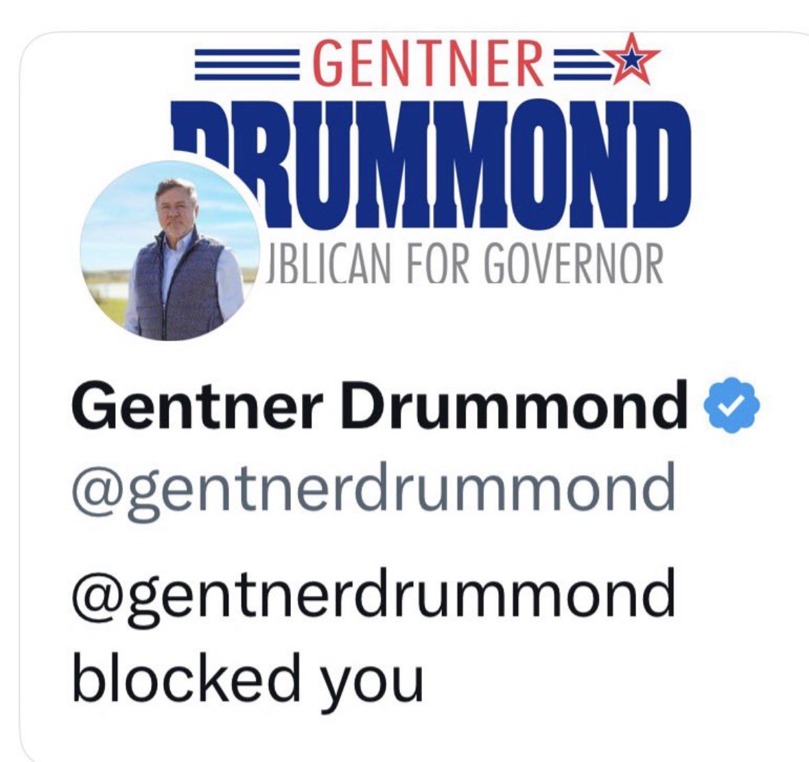 SchlongPox's tweet photo. @Okla_OAG Drummond donated to Biden campaign. I called him out and he blocked me. He’ll make a great governor. Supposedly he can’t block me on his public account. Stand by… https://t.co/Q0HalxLJXb