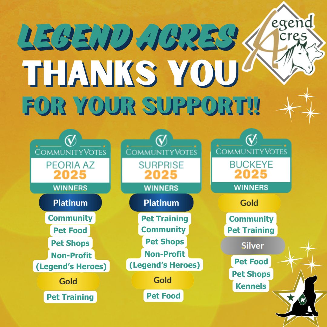 LegendAcres's tweet image. 🏆 Surprise 2025
Platinum — Pet Training, Community Organization, Pet Shops, Non-Profit (Legend’s Heroes)
Gold — Pet Food

We’re proud to be recognized for excellence and impact in the West Valley.

#SurpriseAZ #CommunityVotes2025 #ForceFreeTraining