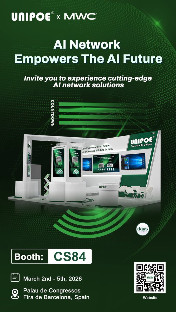 Only 3 days left for MWC Barcelona 2026!
UNIPOE presents full-stack AI-powered switches for generative AI, computing &amp; large-model inference.
Visit us at Booth CS84, Mar 2–5.
Don’t miss our cutting-edge AI networking innovations!
