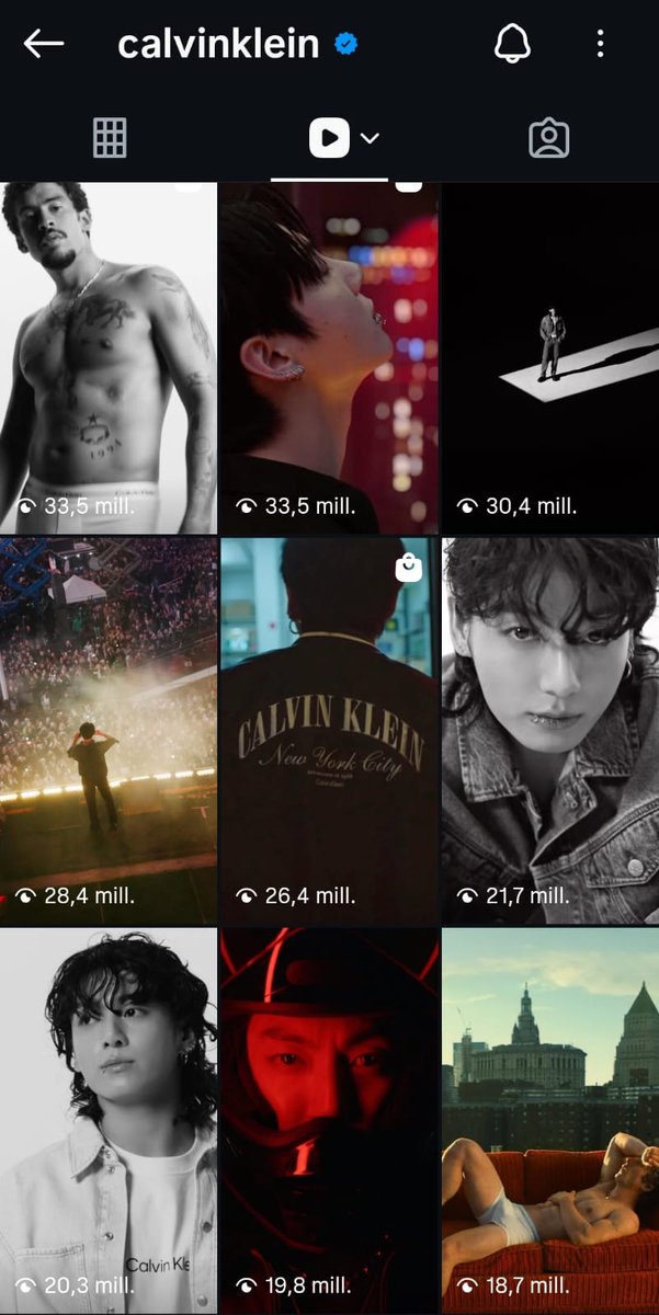 Jungkook domina el feed de la cuenta de IG de Calvin Klein. Su nueva campaña de "Denim Spring 2026" ocupa el quinto puesto con 26.4M de visualizaciones...¡y sabemos que esto no termina aquí! 🔥

Sigamos reproduciendo, comentando y compartiendo! 💪

JUNGKOOK FOR CALVIN KLEIN