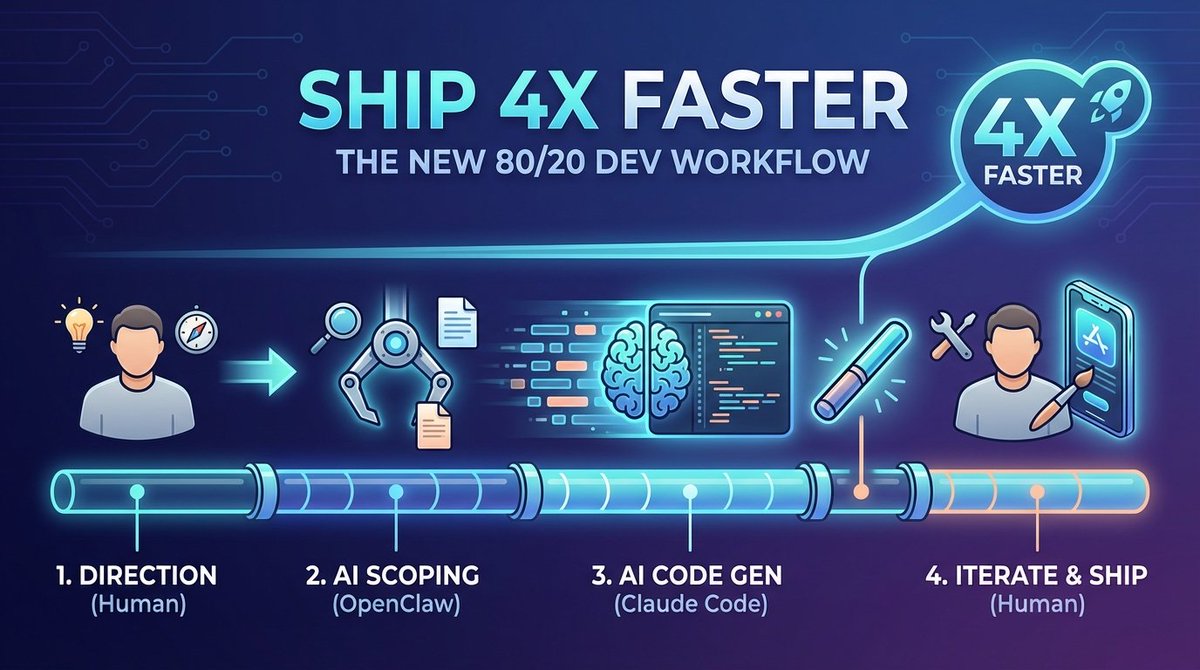 WanrongHe's tweet photo. Our devs ship 4x faster now.

Not because they got better. Because they stopped doing the first 80%.

1/ Founder/PM set direction

2/ OpenClaw scopes the full product context, writes https://t.co/ZhdD8xGRZv

3/ OpenClaw calls Claude Code to write code, leaves handoff notes

4/ A human dev picks up https://t.co/ZhdD8xGRZv, iterates, ships

The AI does the grunt work. The human does the taste work.