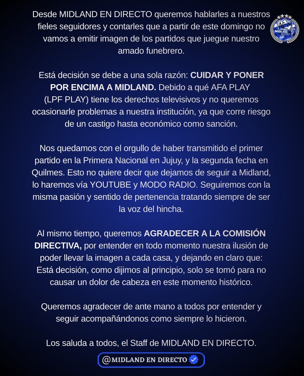 Desde MIDLAND EN DIRECTO queremos hablarles a nuestros fieles seguidores y contarles que a partir de este domingo no vamos a emitir imagen de los partidos que juegue nuestro amado funebrero.

Está decisión se debe a una sola razón: CUIDAR Y PONER POR ENCIMA A MIDLAND.