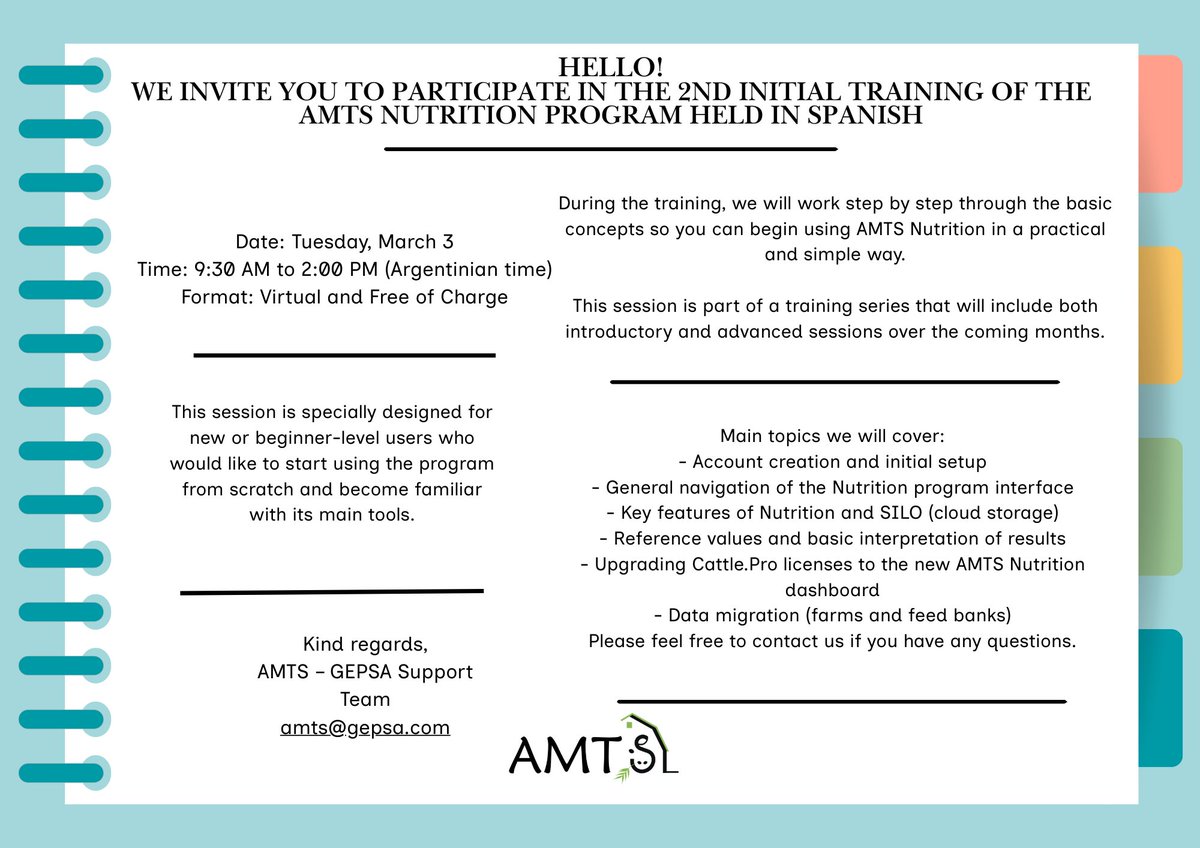 We invite you to participate in the 2nd Initial Training of the AMTS Nutrition Program held in Spanish! 
To confirm your participation, please complete the registration form before Saturday, February 28:
forms.gle/mMJY8pYVmHNzBe…