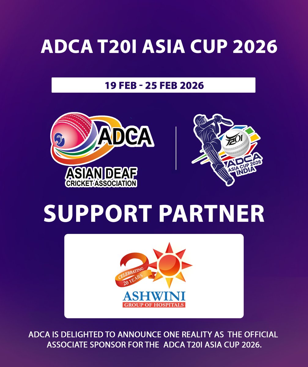 Official_ADCA's tweet photo. 🙏 Thank You, Ashwini Group of Hospitals | ADCA T20I Asia Cup 2026 🏏
The Asian Deaf Cricket Association (ADCA) extends its heartfelt gratitude to Ashwini Group of Hospitals for their valuable support as the Support Partner of the ADCA T20I Asia Cup 2026.

Your generous support and commitment played a vital role in the smooth and successful conduct of this prestigious tournament. Your contribution greatly supported the players and helped make this event truly memorable. 🌏

We sincerely appreciate your dedication to supporting sports and empowering deaf athletes.

Thank you for being an important part of the success of ADCA T20I Asia Cup 2026. 💜

#ThankYou #AshwiniGroupOfHospitals #SupportPartner #ADCA #ADCAT20IAsiaCup2026 #DeafCricket #Gratitude #TournamentSuccess #CricketForAll