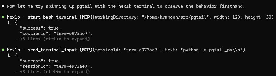 Having my agent use the hex1b mcp server to first reproduce then debug and fix an issue I discovered in this interactive PostgreSQL log tailer I've been working on in python <a href="/mitchdennydev/">Mitch Denny</a>