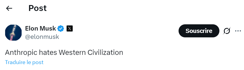 Elon Musk en profite pour attaquer le plus grand rival d'xAI - et la plus grande menace à une IPO de SpaceX - tout en s'attirant les faveurs de l'administration.

Bien joué.

D'une pierre deux coups.

Plutôt hypocrite de la part de quelqu'un qui prétend défendre la liberté.