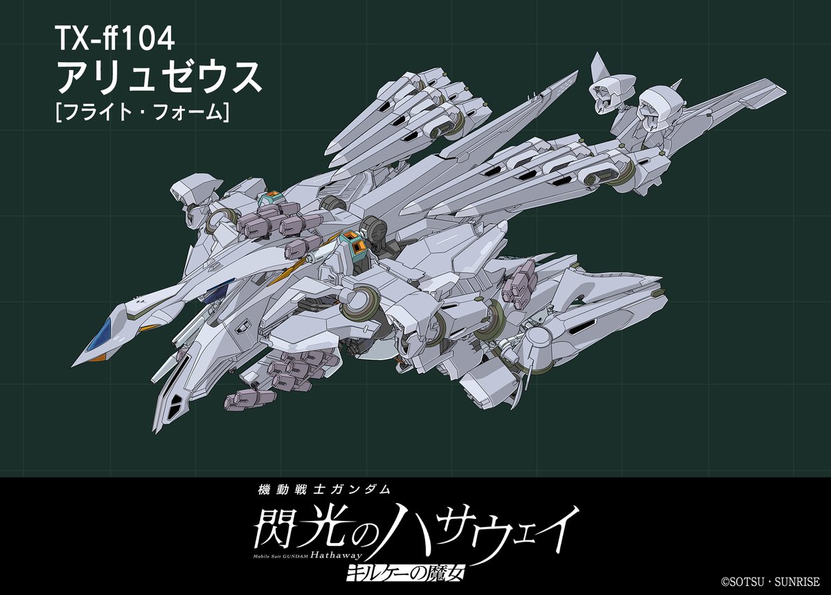 ◤￣￣￣￣￣￣￣￣￣￣￣￣￣￣◥
#閃光のハサウェイ  #キルケーの魔女
　　　　メカ設定公開
◣＿＿＿＿＿＿＿＿＿＿＿＿＿＿◢

●TX-ff104 アリュゼウス “フライトフォーム”

を公開！👀