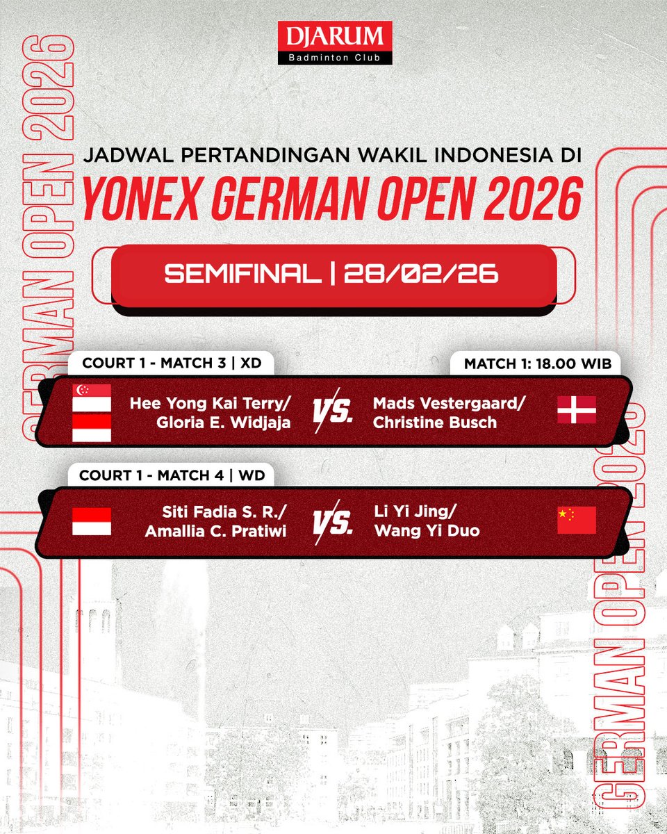 Berikut jadwal pertandingan Terry/Gloria dan Fadia/Tiwi di semifinal #GermanOpen2026 malam ini yah, Sobat! Pertandingan pertama dimulai Pk 18.00 WIB! 👍

Semoga keduanya melesat ke final! 🙏

#tournament #TeruskanSemangatJuara