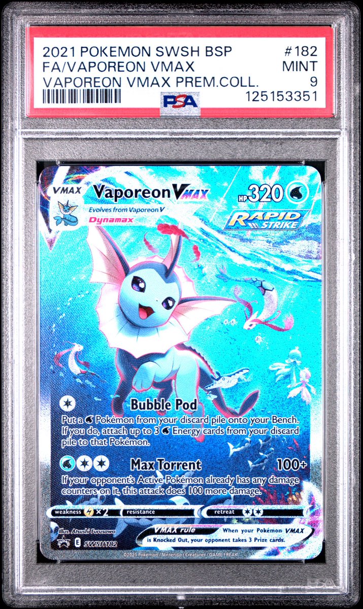 NickyGSports's tweet photo. $90 shipped bmwt                               

2021 Vaporeon VMax Prem. Coll. PSA 9 https://t.co/HlgEOX4Gdg