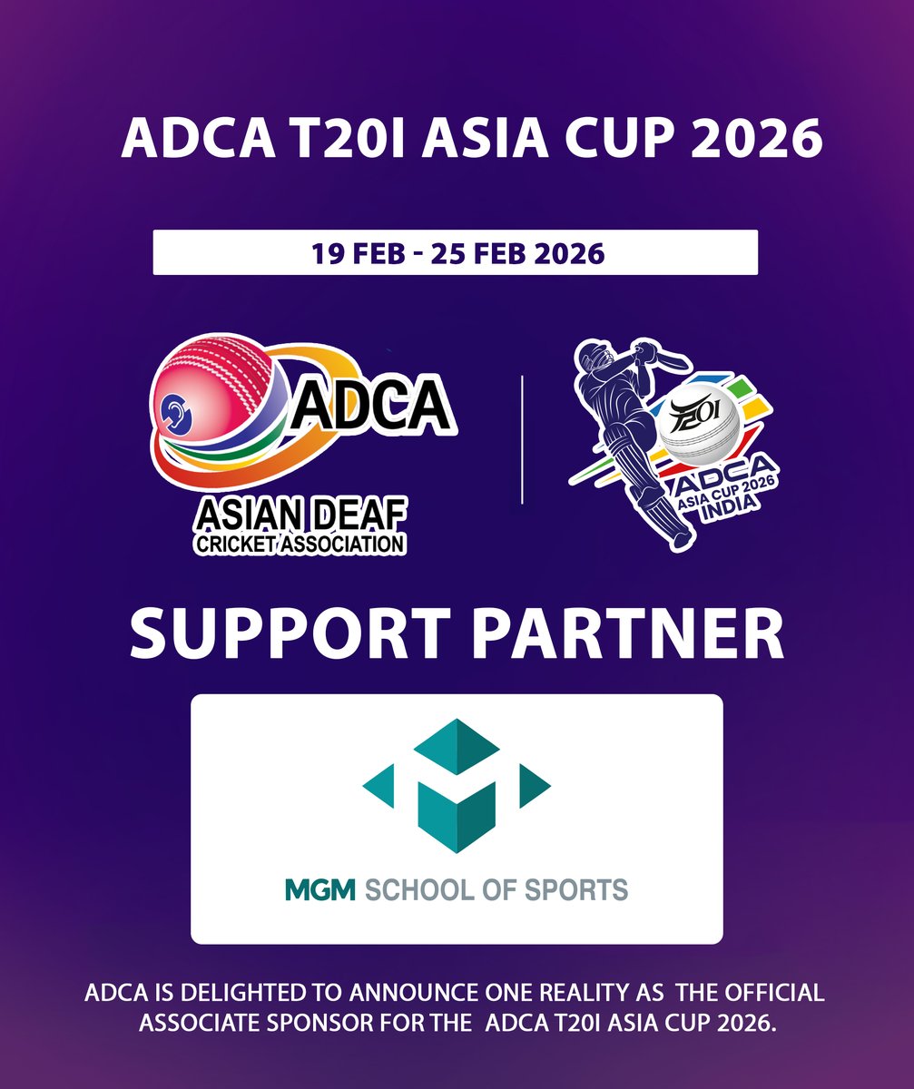 Official_ADCA's tweet photo. 🙏 Thank You, MGM School of Sports | ADCA T20I Asia Cup 2026 🏏
The Asian Deaf Cricket Association (ADCA) extends its heartfelt gratitude to MGM School of Sports for their valuable support as the Support Partner of the ADCA T20I Asia Cup 2026.

Your support and contribution played a significant role in the successful completion of this prestigious tournament and helped provide a great platform for deaf cricketers to showcase their talent and dedication. 🌏

We sincerely appreciate your commitment to promoting sports and empowering deaf athletes.

Thank you for being an important part of this memorable and successful event. 💜

@Mgmsportsscl01 

#ThankYou #MGMSchoolOfSports #SupportPartner #ADCA #ADCAT20IAsiaCup2026 #DeafCricket #Gratitude #TournamentSuccess #CricketForAll