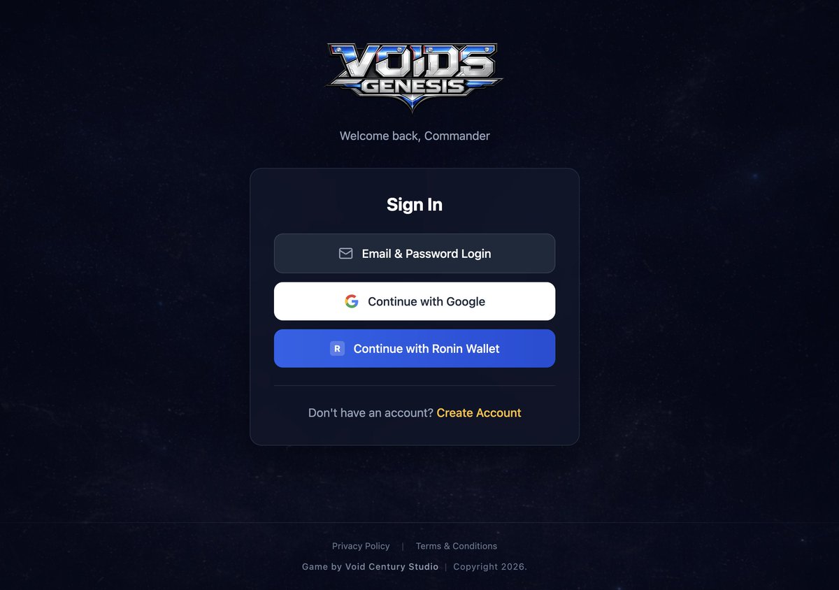 Web3 gaming shouldn’t feel complicated.

At Voids Genesis, we made onboarding simple:

✅ Email &amp; Password
✅ Google Login
✅ Ronin Wallet
No friction. No confusion.
Our goal remains the same:
 Web2 first. Web3 when you’re ready.

Let players enjoy the game first.
Ownership comes