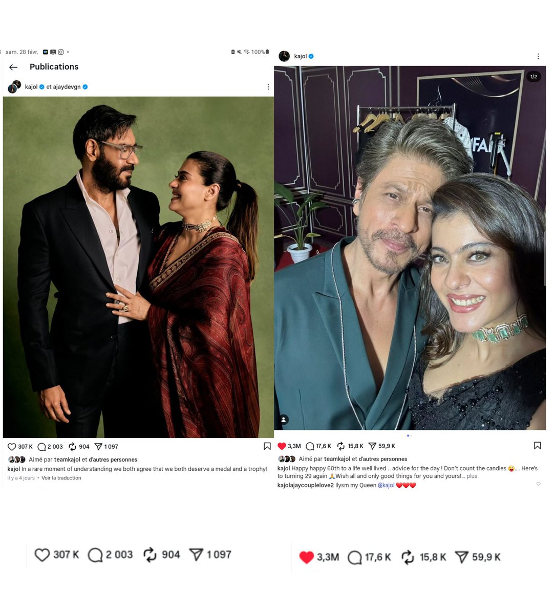 NatureN12416793's tweet photo. The numbers speak for themselves! It's a truth that bothers some, but the fact remains: the SRKajol couple will always be much more popular than her husband's. 🤔
#Kajol #ShahRukhKhan𓀠 #AjayDevgn https://t.co/rLytiAmz0V