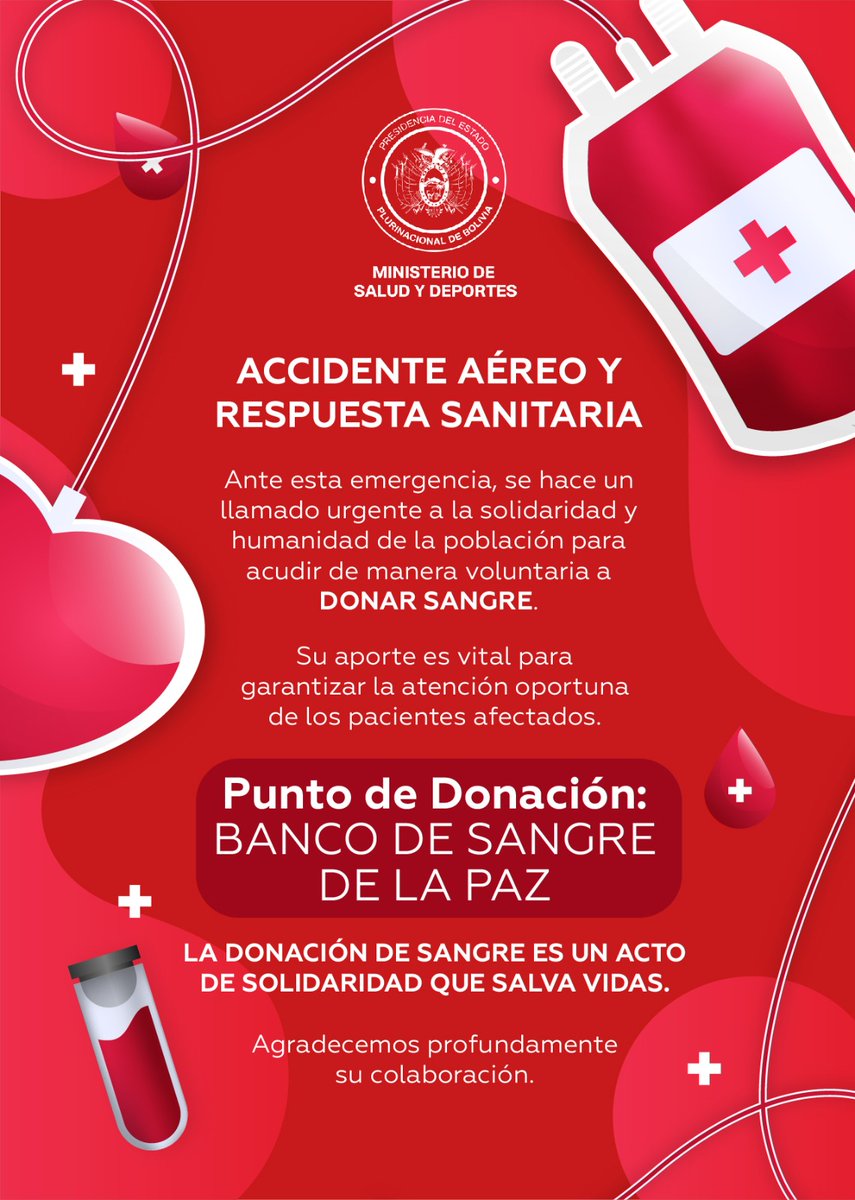 SaludDeportesBo's tweet photo. 🔴 URGENTE: SE NECESITAN DONANTES DE SANGRE
Dona en:
📍 Banco de Sangre de La Paz https://t.co/m4sZqyXScT

#SaludBolivia #DonarSangre #ElAlto #Urgente #Bolivia #SiempreBolivia
 #Bolivia #SiempreBolivia https://t.co/KV6WENIs7D