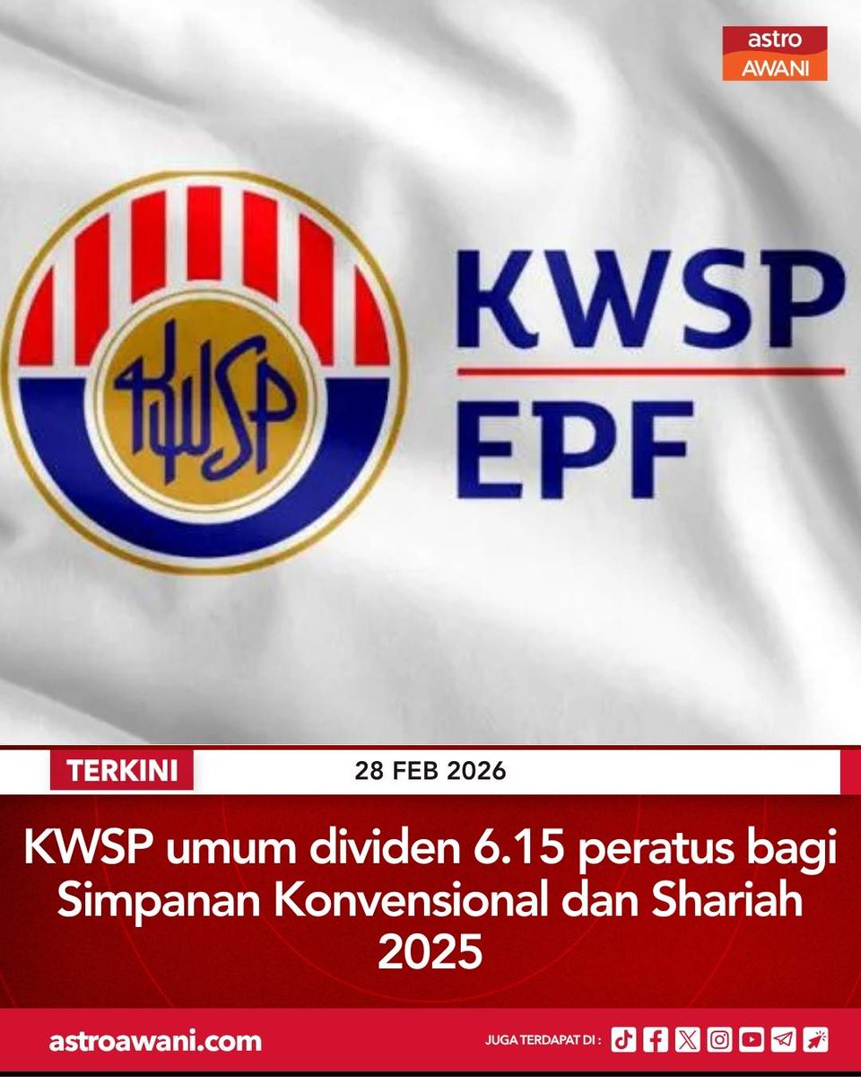 Kumpulan Wang Simpanan Pekerja (KWSP) hari ini mengumumkan kadar dividen 2025 yang lebih rendah berbanding tahun sebelumnya iaitu 6.15 peratus bagi kedua-dua jenis simpanan, Konvensional dan Shariah.

Kadar dividen bagi Simpanan Konvensional adalah daripada jumlah agihan sebanyak
