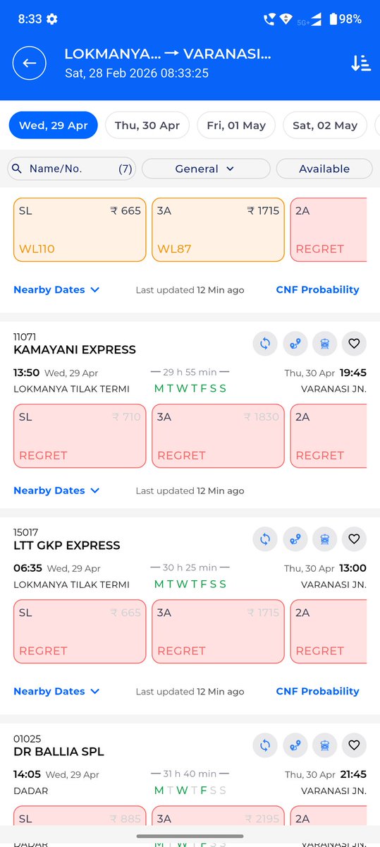 Ay912063Ayush's tweet image. #IndianRailways #railminister,#Trending #TrendingNow  #PublicUpdates  #sarthakgoswami #deshbhakt  #NewsUpdate ..Train ticket (Mumbai to Up). General public Unable to book tickets even for 2 month later dates.Even very less seats are being allotted and booking faster than tatkal.